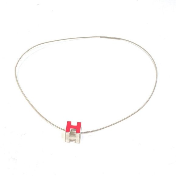 HERMES H cube Cardue H Pendant accessories Necklace Metal Silver/pink - Picture 1 of 7